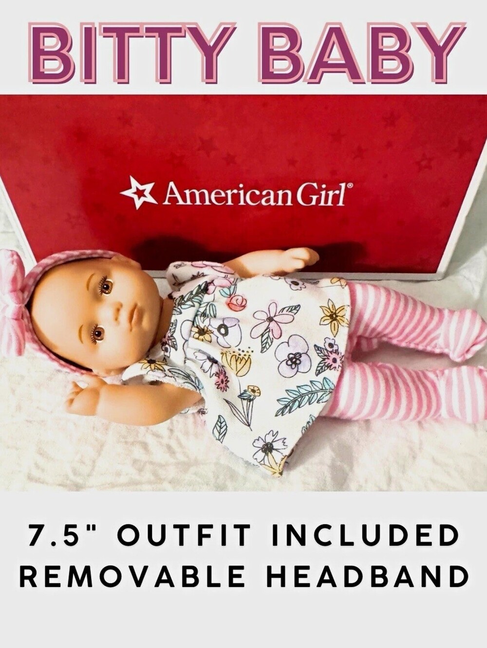 American Girl Bitty Baby 7.5in Baby Doll w/ Outfit & Headband, Removable Clothes